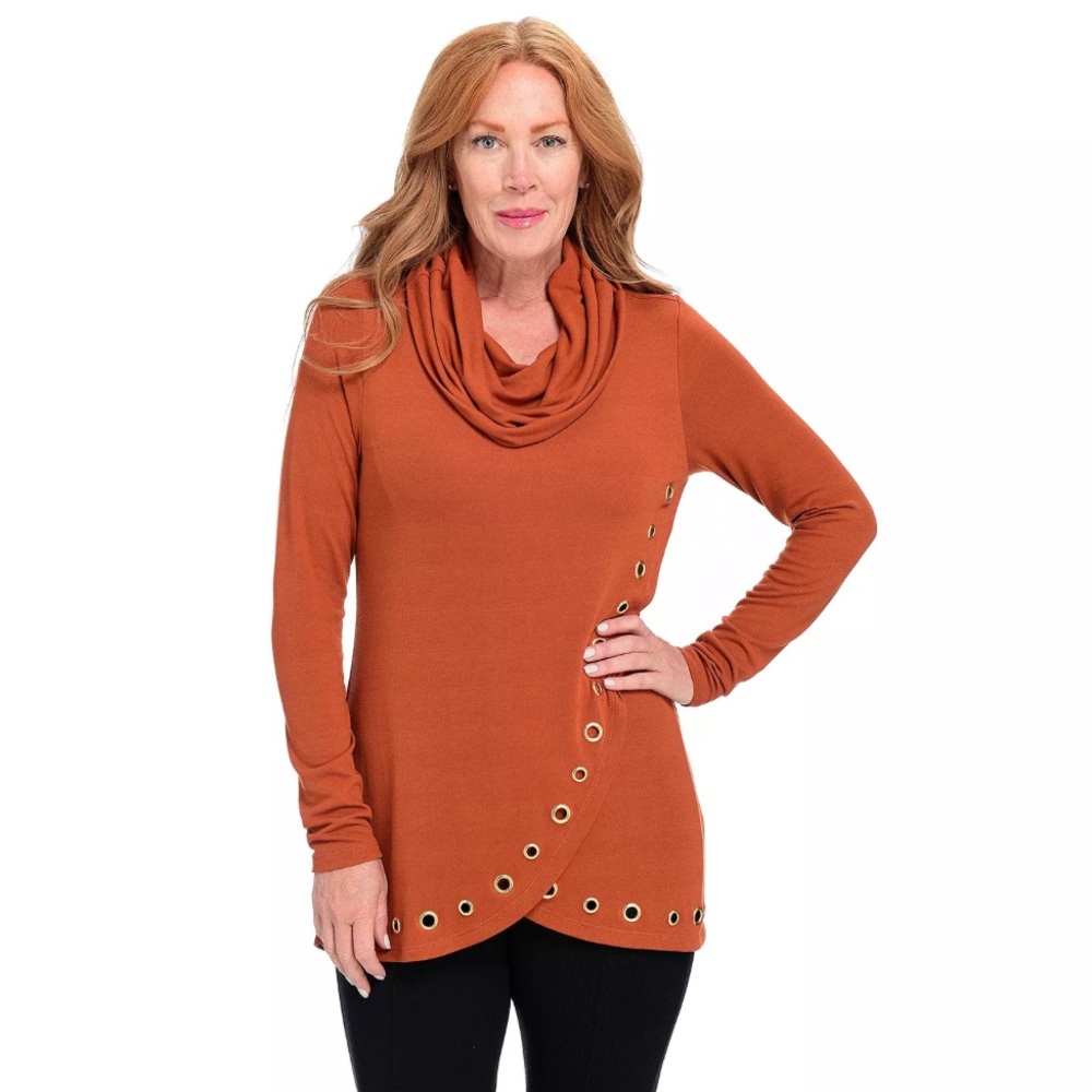 Women’s Belldini Sweater Knit Long Sleeve Cowl Neck Embellished Wrap Hem‎ Tunic
